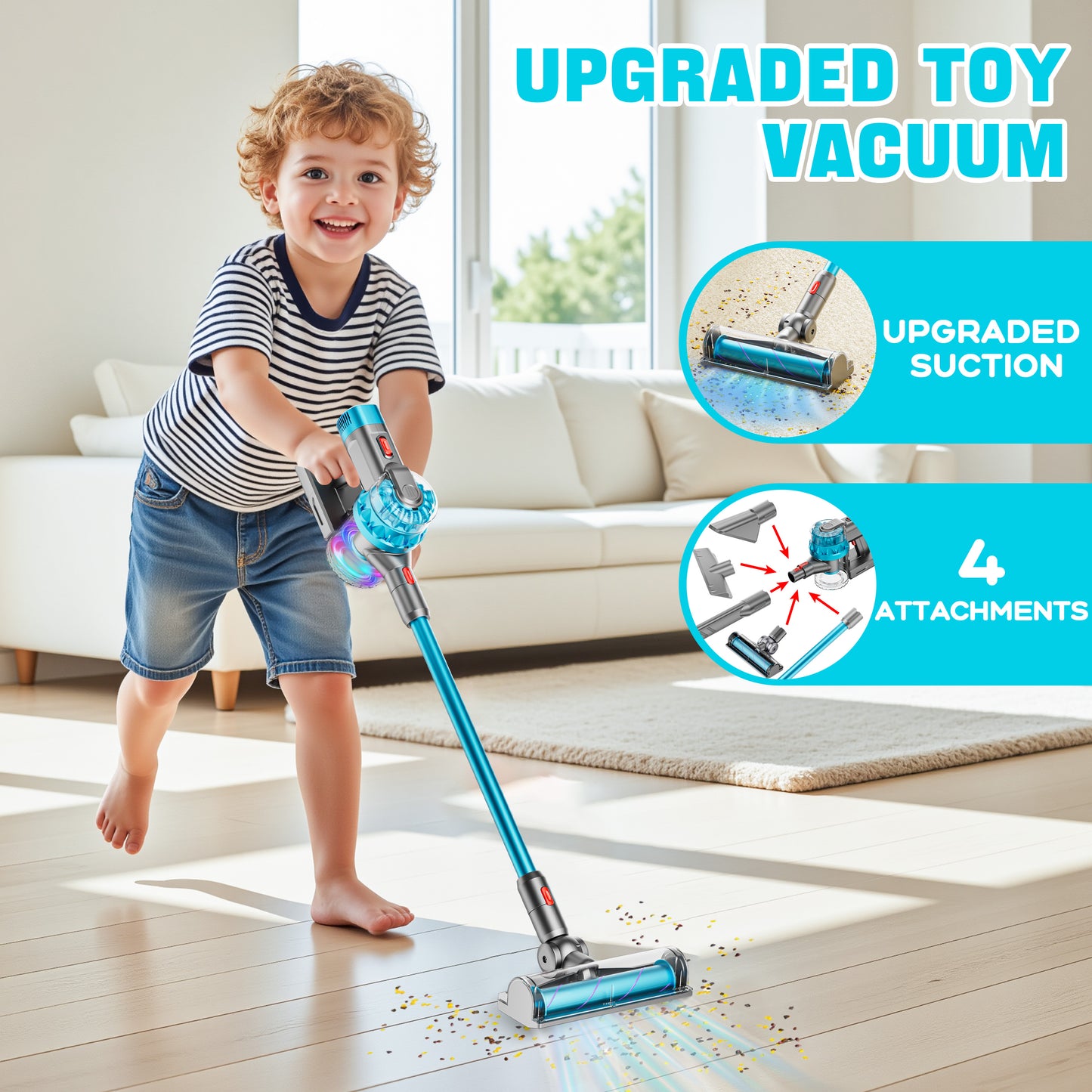 BLAXTEM 4-in-1 Kids Toy Vacuum Cleaner for Toddler Pretend Play (Blue)