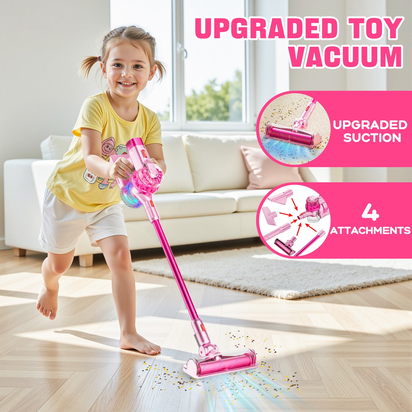 BLAXTEM 4-in-1 Kids Toy Vacuum Cleaner for Toddler Pretend Play (Pink)