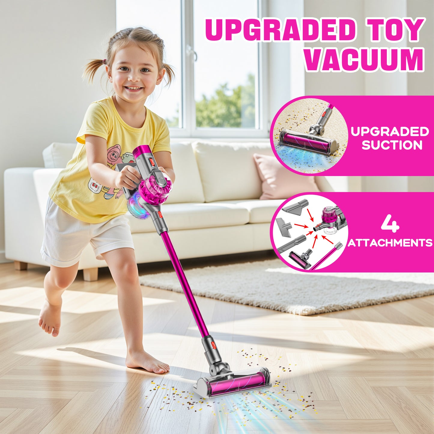 BLAXTEM 4-in-1 Kids Toy Vacuum Cleaner for Toddler Pretend Play (Rose Red)