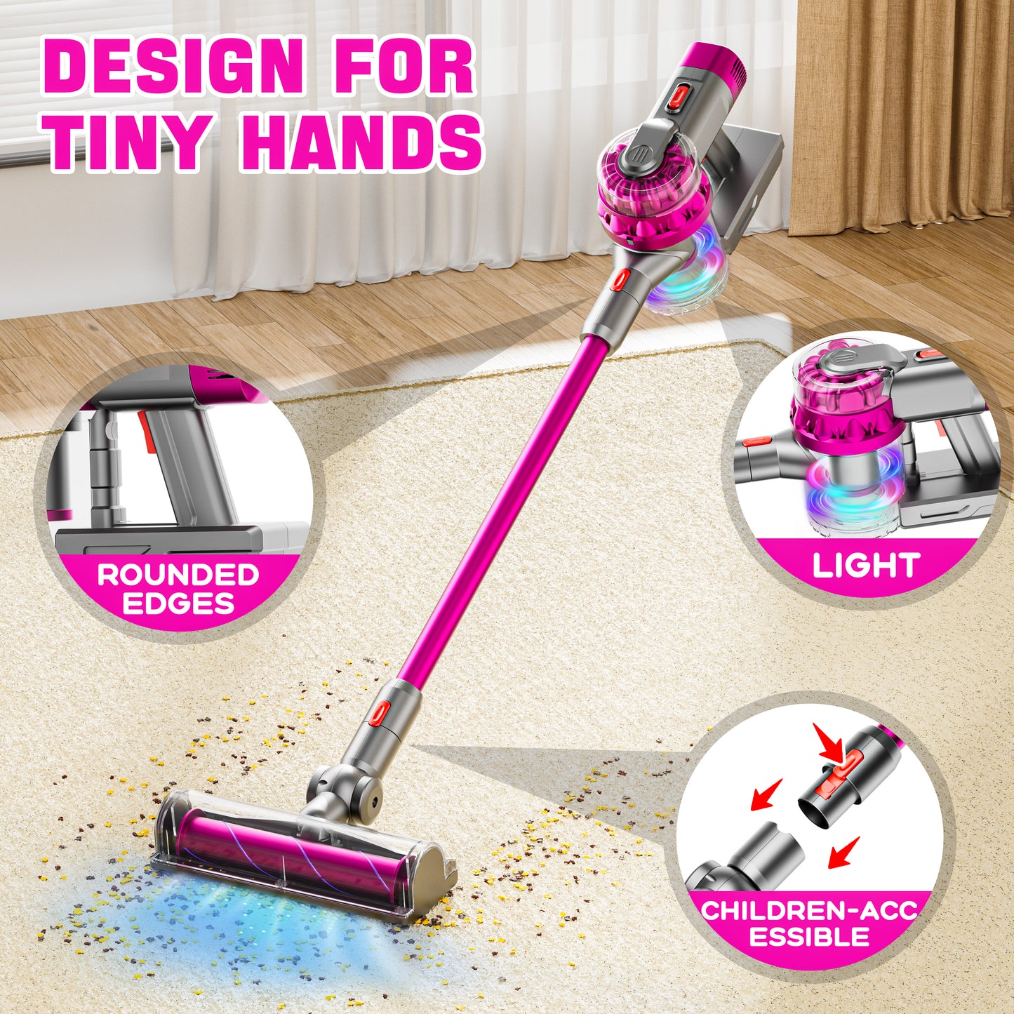 BLAXTEM 4-in-1 Kids Toy Vacuum Cleaner for Toddler Pretend Play (Rose Red)