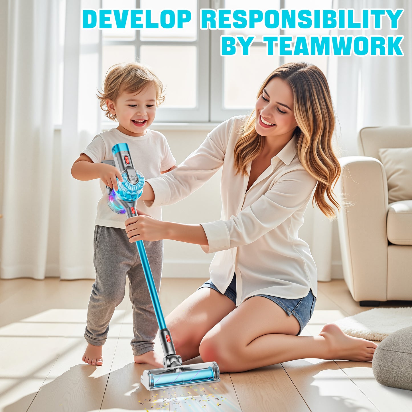 BLAXTEM 4-in-1 Kids Toy Vacuum Cleaner for Toddler Pretend Play (Blue)