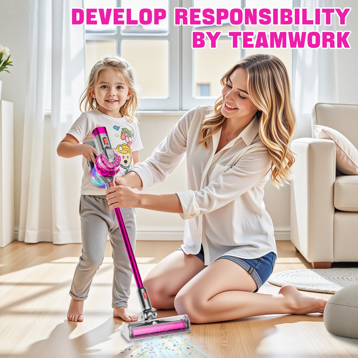 BLAXTEM 4-in-1 Kids Toy Vacuum Cleaner for Toddler Pretend Play (Rose Red)