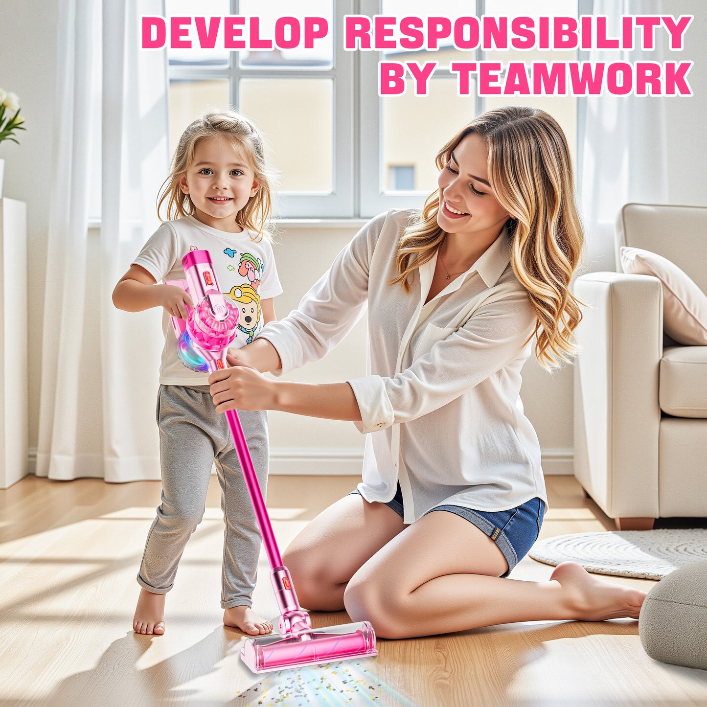 BLAXTEM 4-in-1 Kids Toy Vacuum Cleaner for Toddler Pretend Play (Pink)