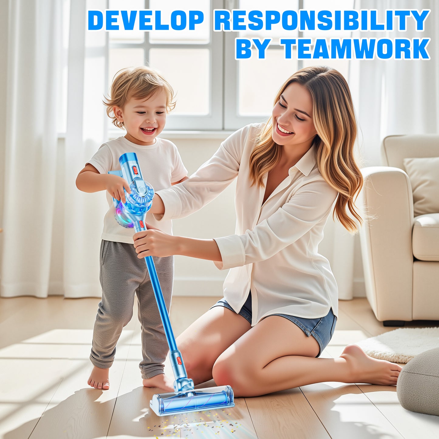 BLAXTEM 4-in-1 Kid Toy Vacuum Cleaner for Toddler Pretend Play (Light Blue)